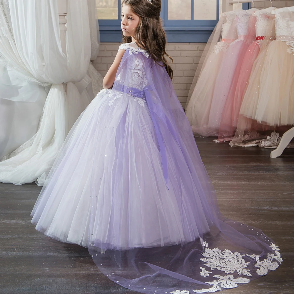 2021 New Arrival Purple Flower Girl Dresses Ball Gown O-Neck Sleeveless Beading Formal First Communion Gowns Vestidos Longo Hot