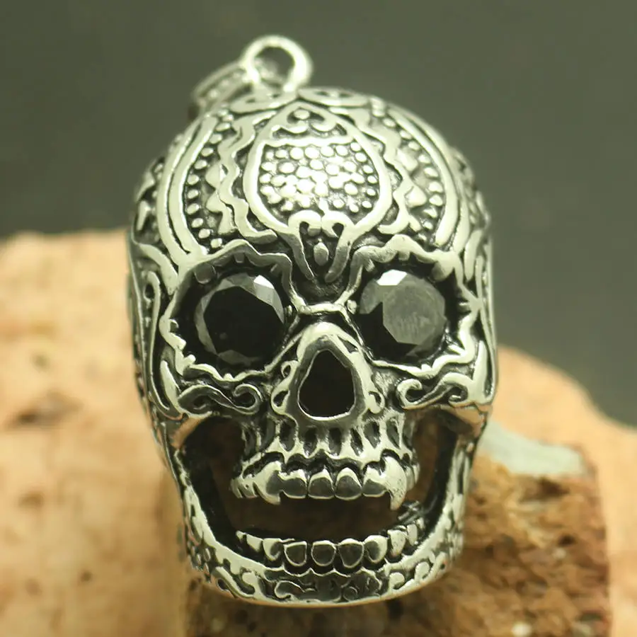 Mens Boys 316L Stainless Cool Flower Big Black Stone Eye Vampire Skull Pendant Chain For Biker