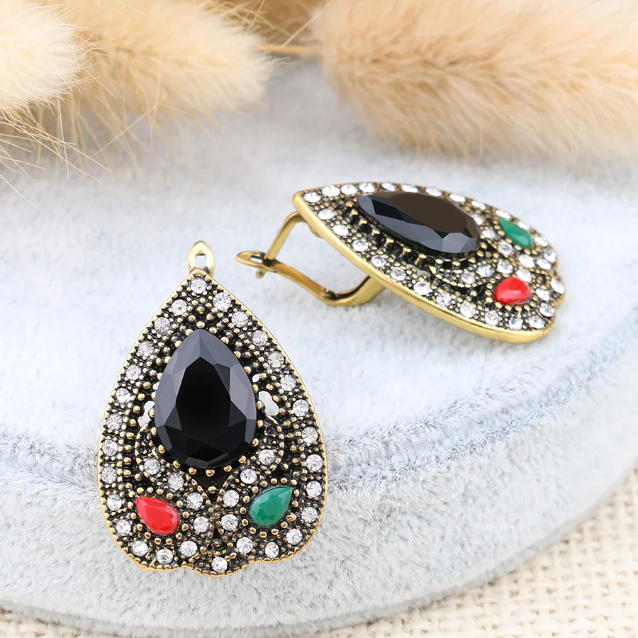 2018 Luxury Turkey Wedding Earrings For Women Zinc Alloy Antique Gold Color Crystal Earrings Vintage Indian Jewelry