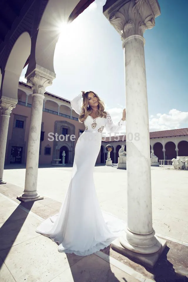 Design Wedding Gown Sexy Deep V Backless Lace Long Sleeves Bridal Gowns Chapel Train Custom Made Wedding Dresses