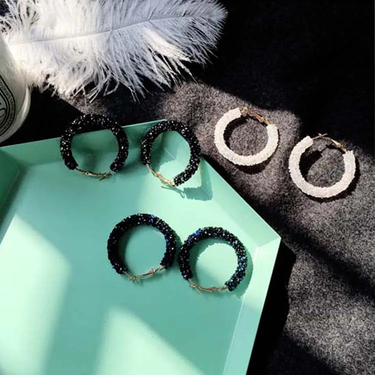 Punk 2020 New Fashion Earrings White / Black / Blue Simple Wild Crystal Circle Matte Ladies Earrings Wholesale Hot Sale Earrings