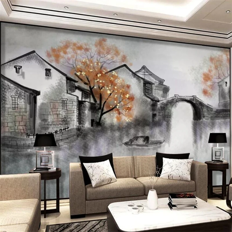 

wellyu Custom wallpaper 3d murals new Chinese ink painting Jiangnan water town hand-painted oil painting background wall paper