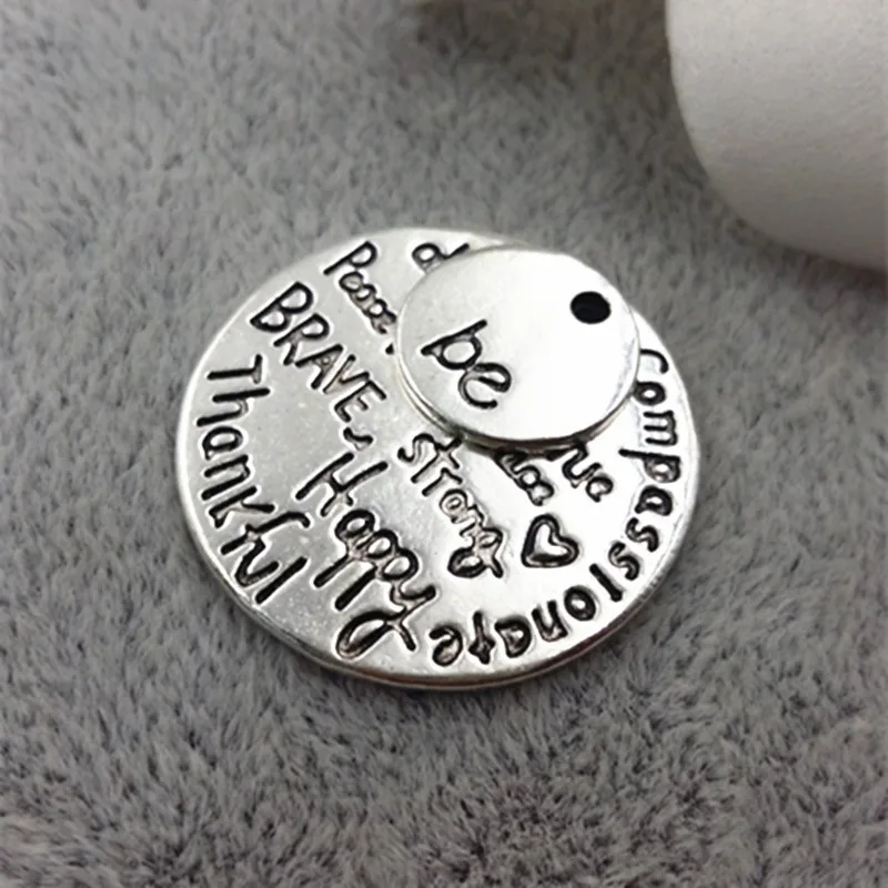 

50pcs Lettering Tag Round "kind wise compassionate true thankful happy" Letters Carved Charm Pendants 12+28mm For Handcraft