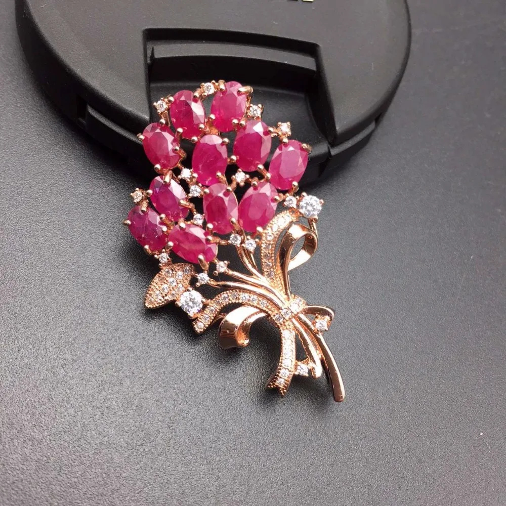 Natural ruby brooch, dual-use style, can be used as a pendant, 925 silver, precious ruby, natural stone