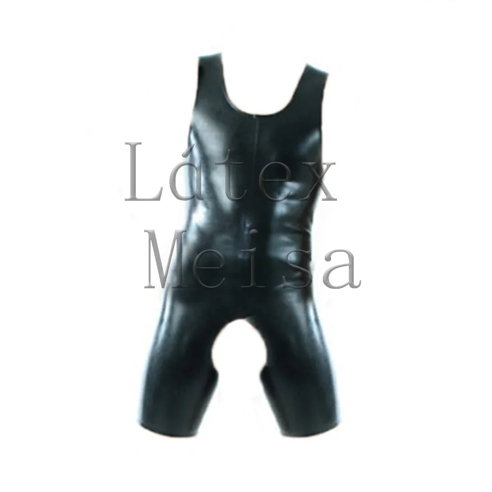 Male's vest latex catsuit Zentai skin tight bodysuit open crotch and NO zip in black color