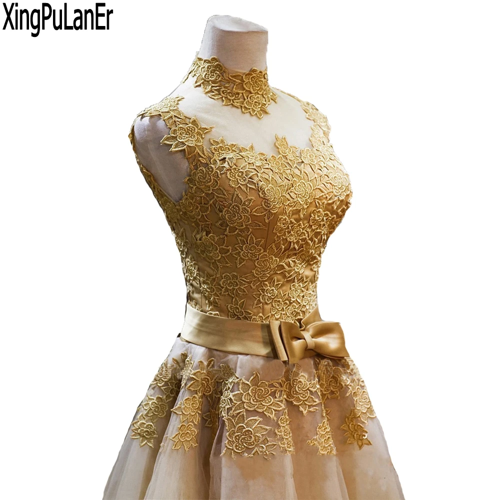 Một Dòng Champagne Ren Appliques Cổ Cao Cap Nữ Tay Ngắn Voan Quần Sịp Đùi Thông Hơi 2017 Vestidos De Fiesta