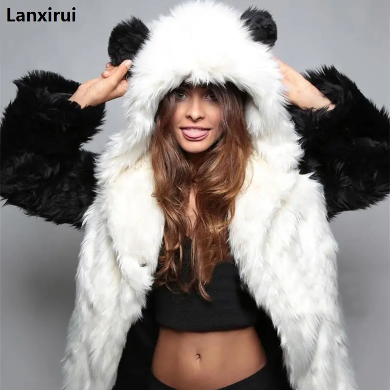 Like Wolf Artificial Fox Fur Coat Cartoon Ear Hooded Faux Rabbit Fur Coats Plush Jacket Faux Fur Hood Animal Hat Women Outwear