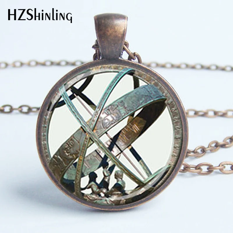 HZ--A197 Astronomical Sundial Globe Pendant Astronomy Necklace Aqua Bronze Astrological Vintage Glass Photo Jewelry (Not 3D) HZ1