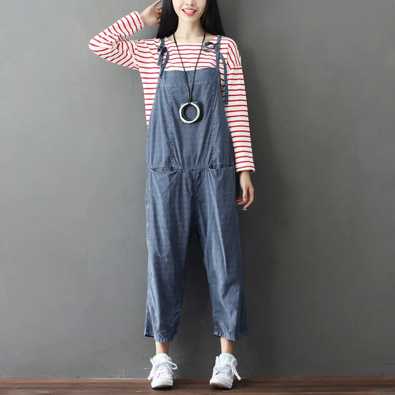 Vrouwen Gedrukt Loose Enkellange Jumpsuits dames Casual Retro Vintage gewassen Patroon Overalls Vrouw Rompertjes Broek broek