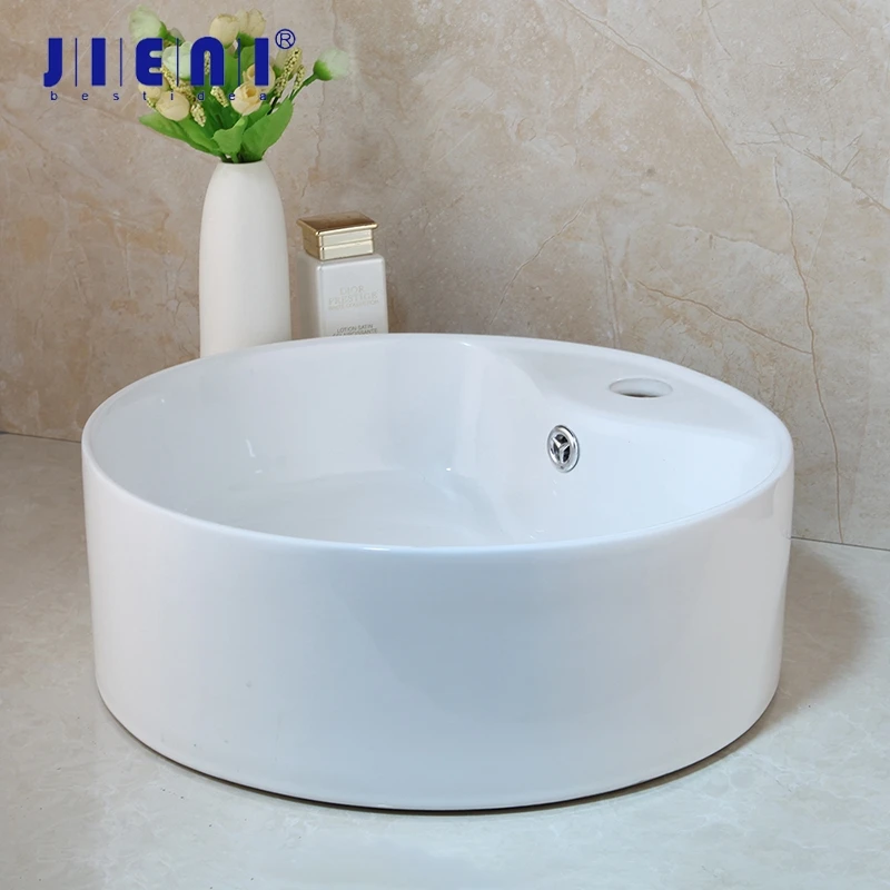 JIENI Round White Ceramic Washbasin Bathroom Vessel Lavatory Wash Basin Sink Bath Combine Brass Not Include the Faucet