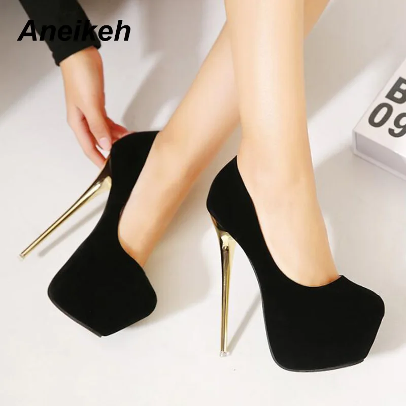 Aneikeh Big Size 41 42 43 44 45 Sexy Pumps Wedding Women Fetish Shoes Concise Woman Pumps High Heel Stripper Flock Pumps 16 cm