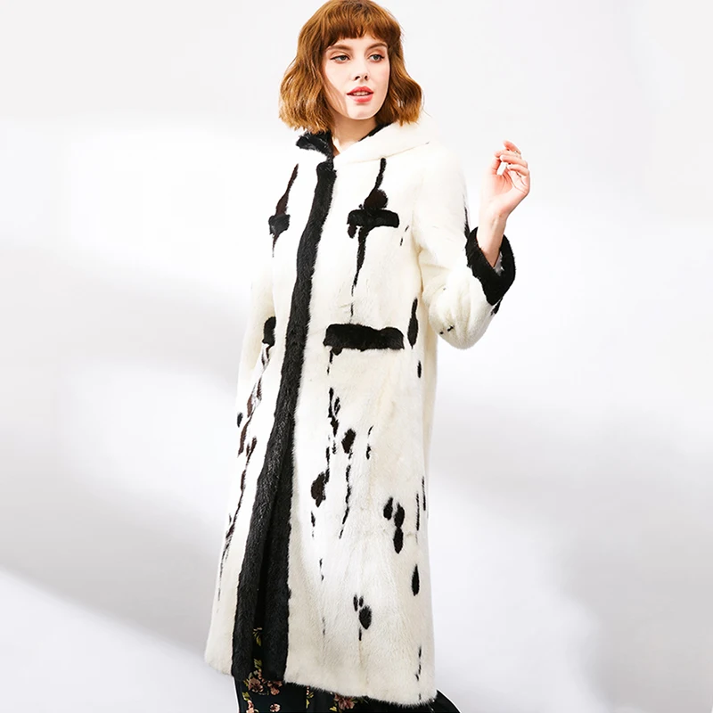 Futro z norek importowanych z Chin, zimowe, damskie, z aksamitu i futra norek, z kołnierzem wykładanym, patchworkowe, w kropki, bardzo długie, prawdziwe futro z norek.