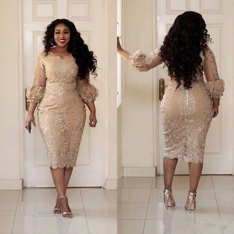 

Champagne Cocktail Dresses Sheath V-neck 3/4 Sleeves Lace Beaded Plus Size Short Elegant Party Homecoming Dresses