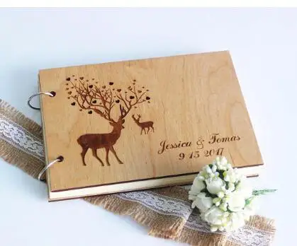 

personalized names date reindeer wedding guest album engraved Wooden guestbooks Reception party favors decorations