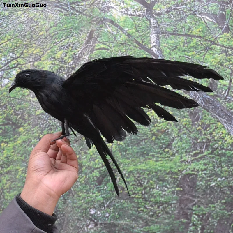 

large 25x40cm black crow spreading wings bird hard model polyethylene&feathers bird handicraft Halloween decoration gift s1080