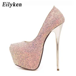 Eilyken Plus Size 44 45 New Sexy Platform Ultra High Heels Woman Pumps Designer Bling Sequins Party Strippers Dress Shoes