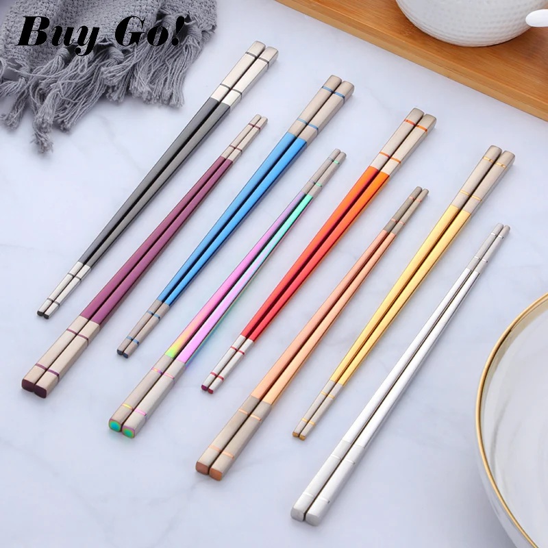 1 Pair 304 Stainless Steel Chinese Square  Chopsticks Non-Slip Reusable Metal Chopstick for Sushi Hashi Food Sticks Kitchen Tool