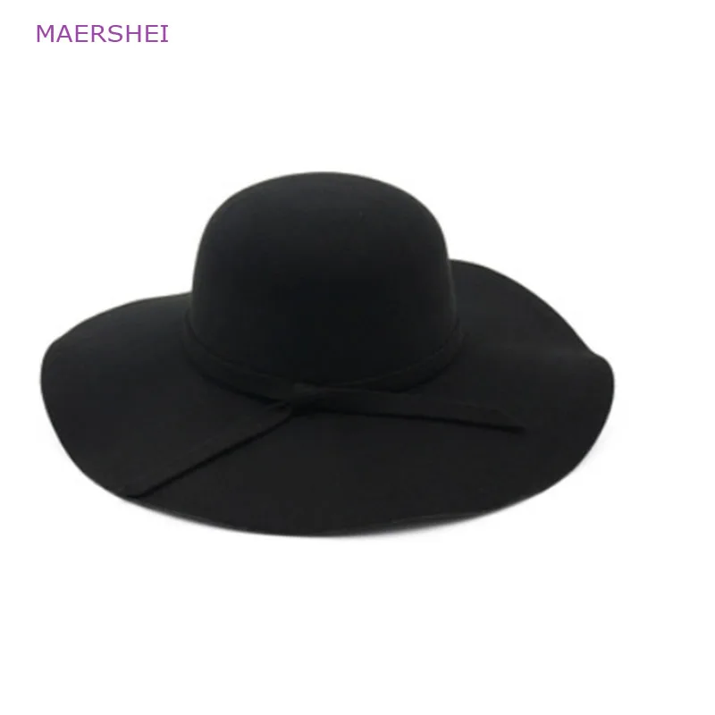 MAERSHEI Vintage black woolen hat dome bow lotus leaf big hat lady autumn and winter fedoras women\'s fashion jazz hat