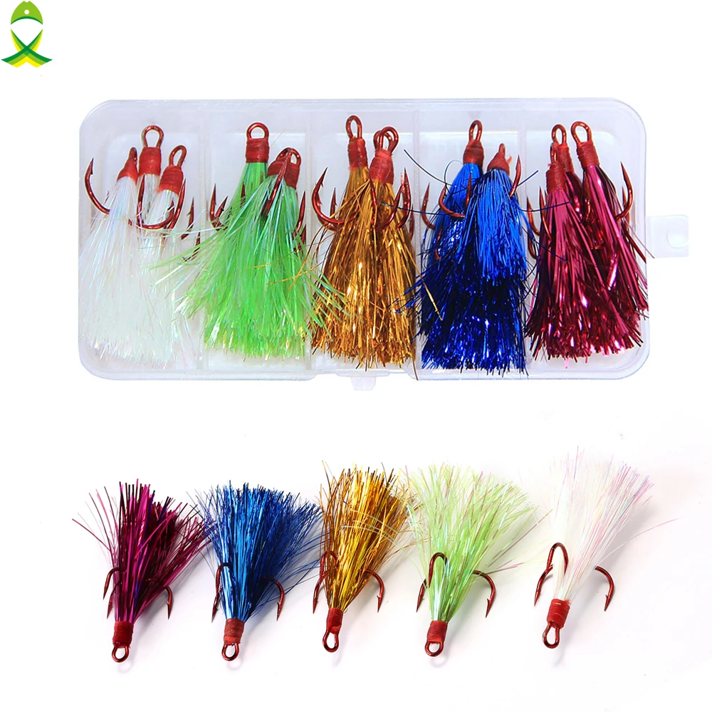 JSM 15pcs/box lure accessories fishing Treble Hook with feather Teaser Tail flash Hook for spoon bait fly fishing lures