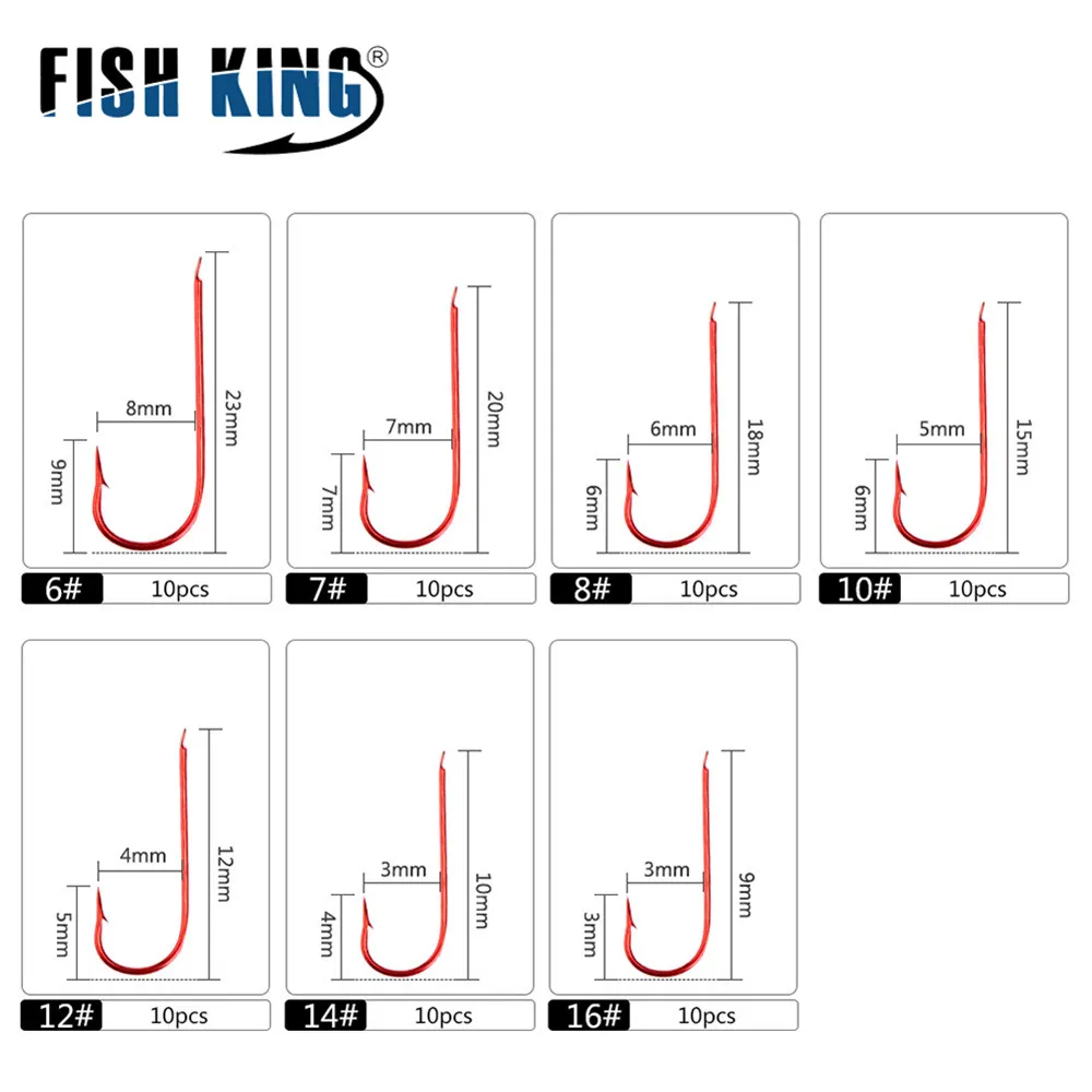 FISH KING 10Pcs High Carbon Steel Fishing Hooks Barbed Hooks Size #6-#16 Carp Fishing Accessories Fish Hook Set With Eyes Pesca