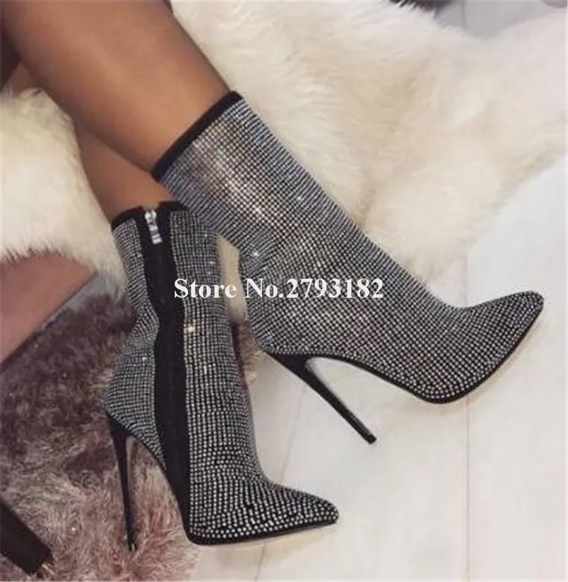 

Women Luxury Bling Bling Pointed Toe Rhinestone Thin Heel Short Boots Zipper-up Crystal High Heel Ankle Booties Club Shoes