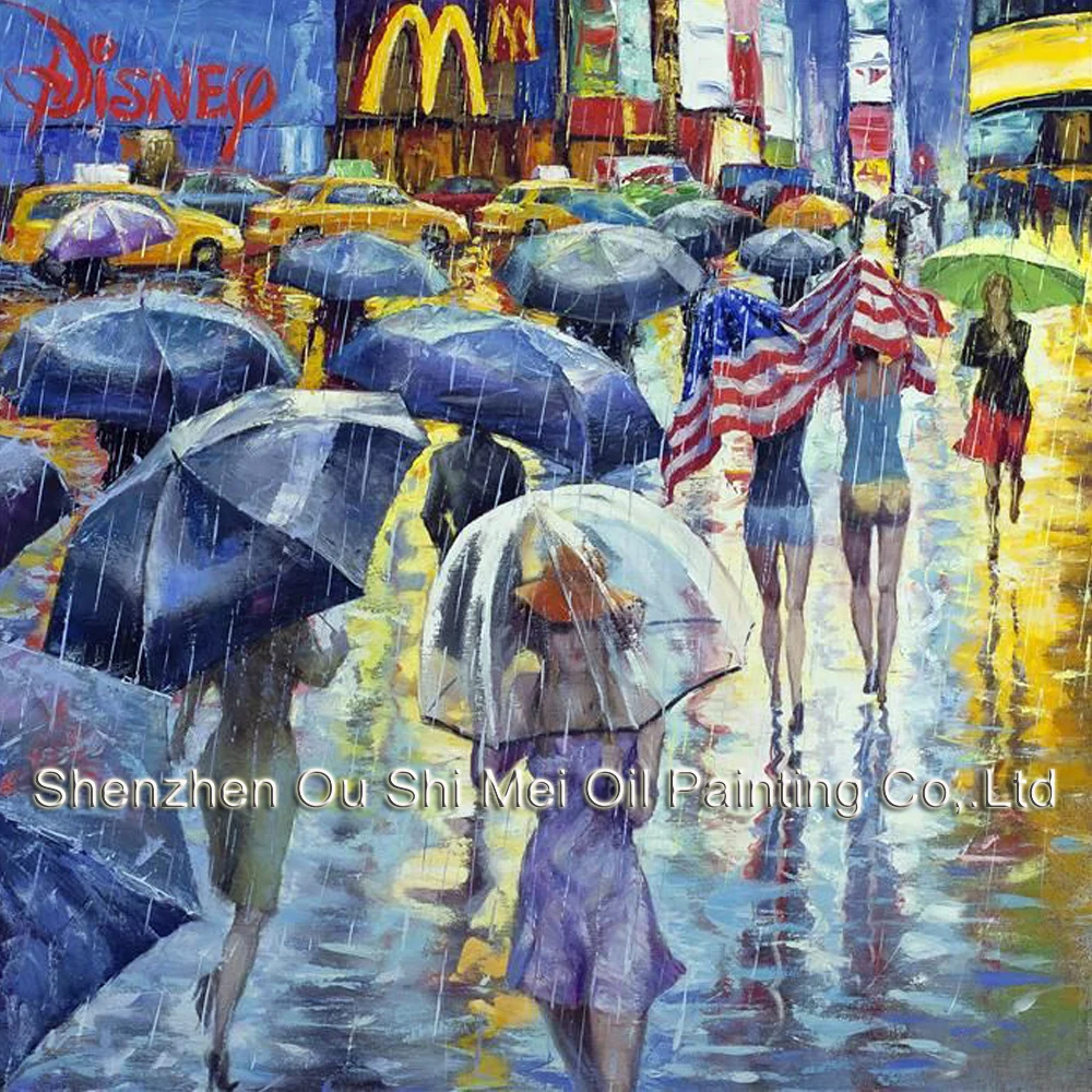 Hand Painted New York Rain Street Landscape Oil Paintings  Umbrella Crowds Knife People Oil Painting on Canvas For Room Decor