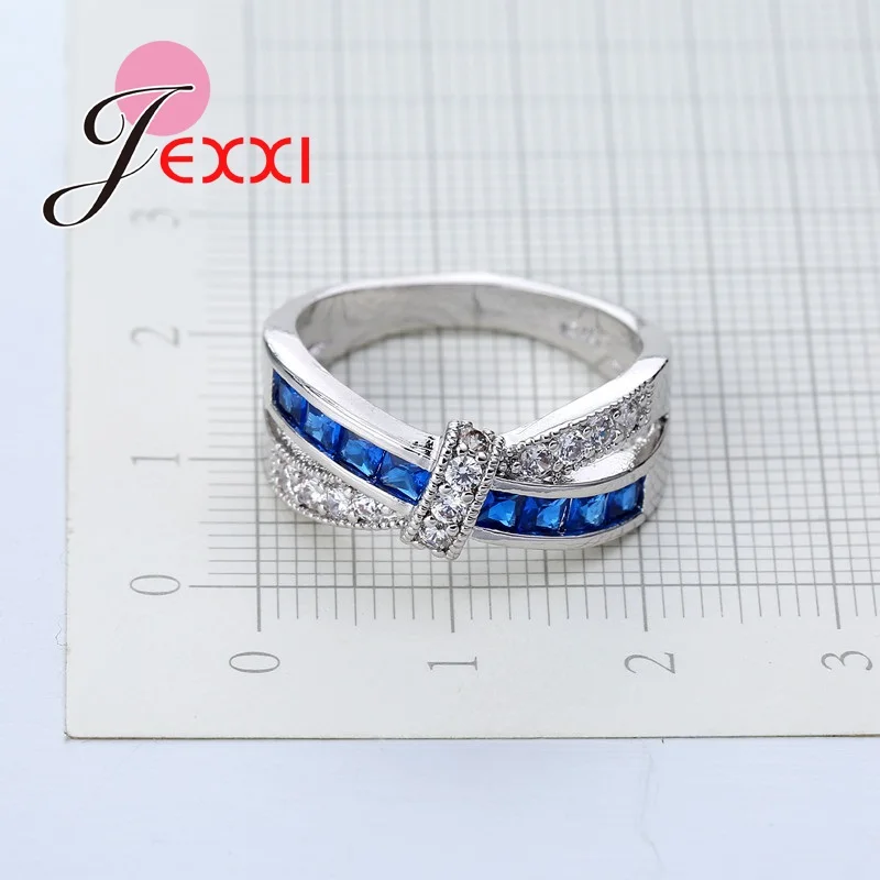 Linked Together Style Blue Clear Crystal Rings For Women Lady Stamped 925 Sterling Silver Needle Ring Jewelry For Wedding Bands