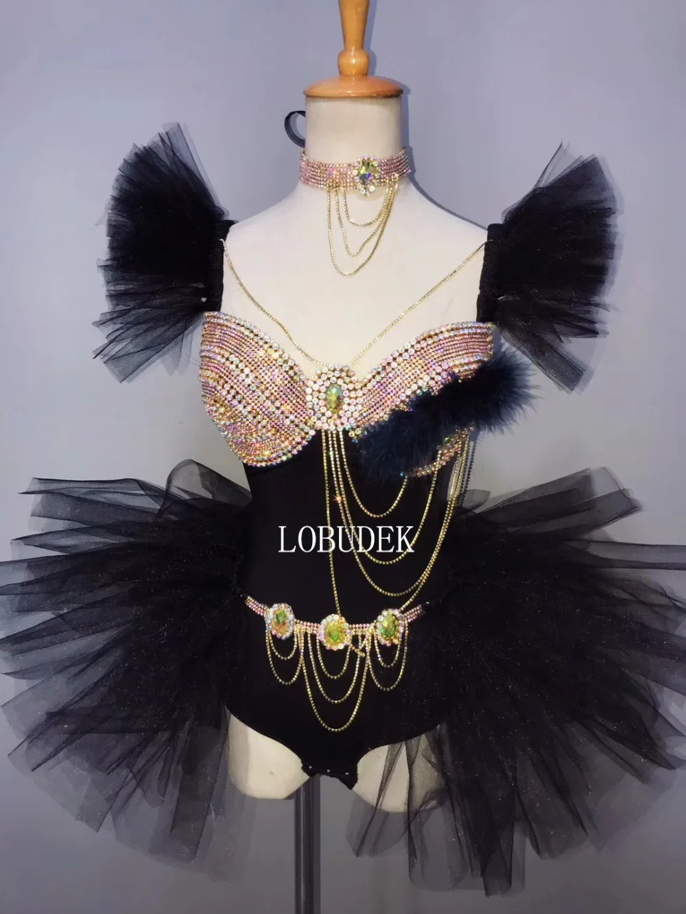 Sexy Gold Rhinestone Chains Bodysuit Gauze Skirt Dance Clothes Bar Nightclub Stage Costume Carnival Party Show Club Rave Outfits