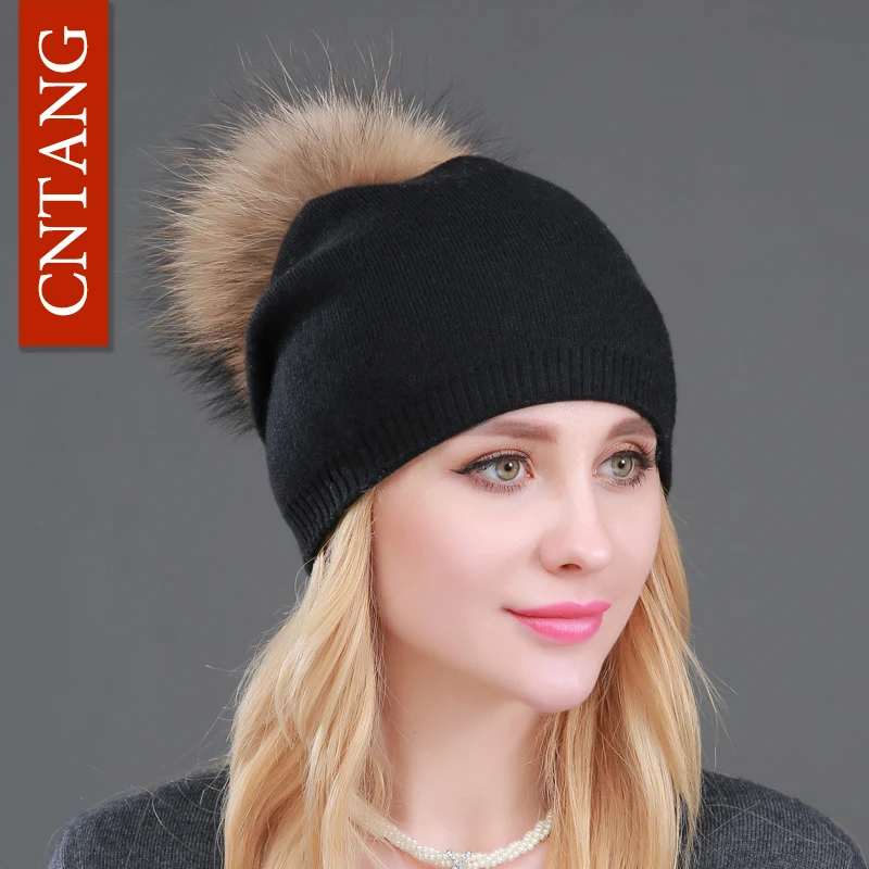 Autumn Winter Knitted Wool Hats For Women Fashion Pompon Beanies Fur Hat Female Warm Caps With Natural Genuine Raccoon Fur Cap