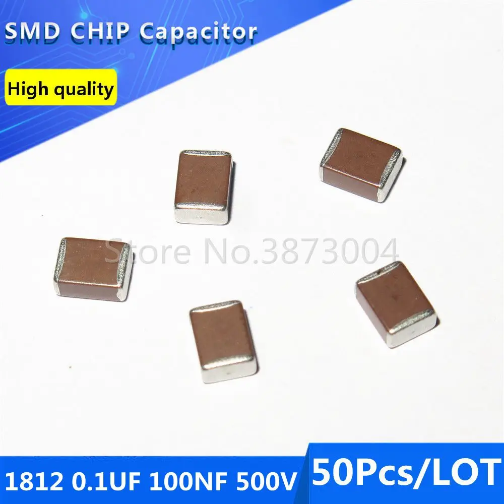 50pcs 1812 0.1UF 100NF 500V 10% Thick Film Chip Multilayer Ceramic Capacitor