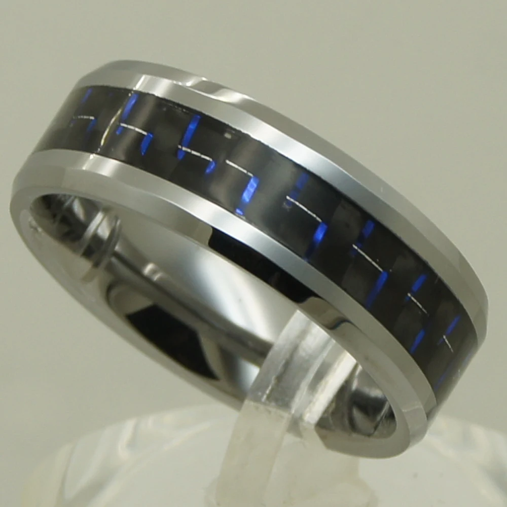 8mm black & blue  fiber inlayed small bevel men/women hi-tech scratch proof wedding tungsten ring