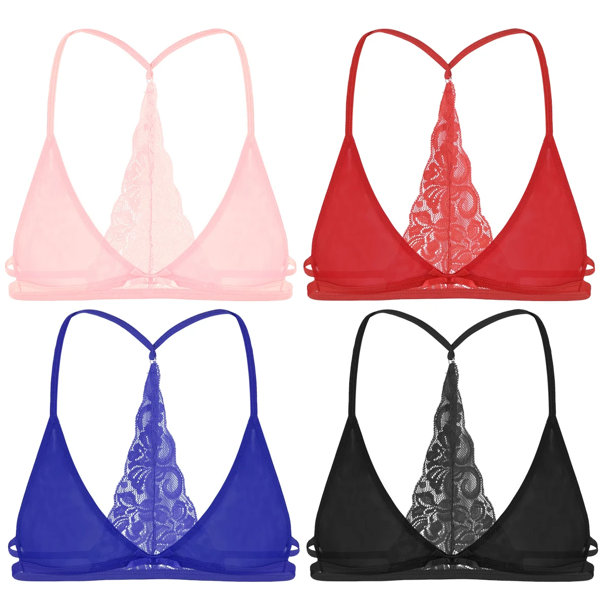 MSemis Sexy Men Bra Sissy Lingerie Pink Lace Gay Underwear Mesh See Through Sheer Y-shape Back Unlined Triangle Bralette Bra Top