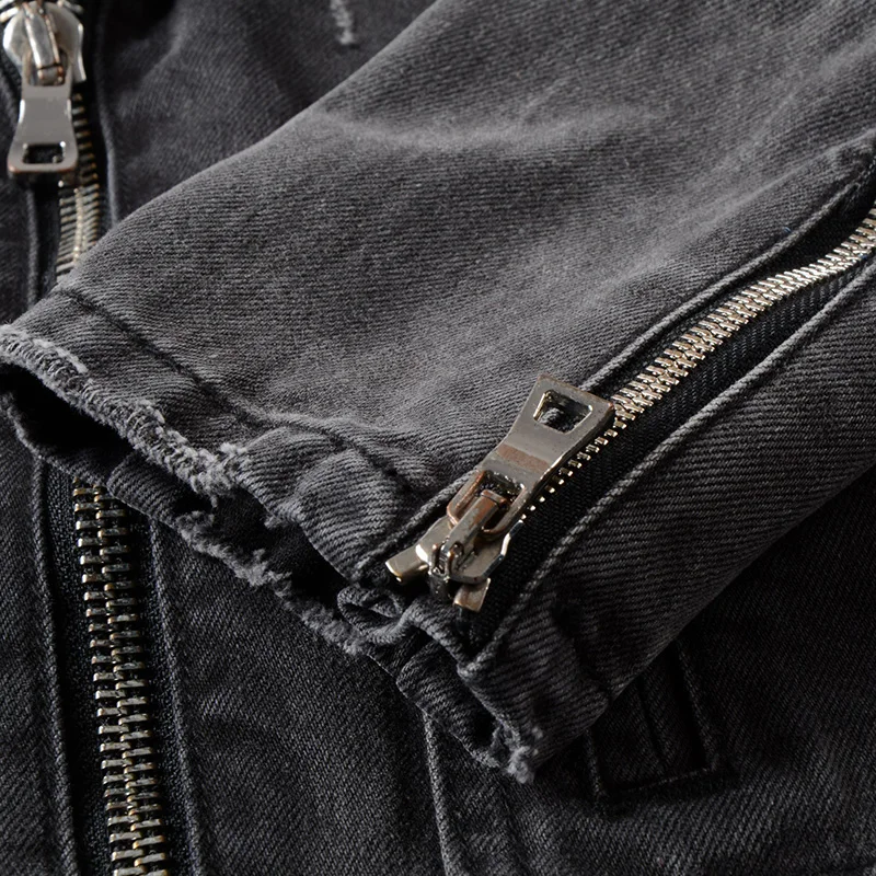 Sokotoo Mannen Ritsen Black Denim Jean Biker Jasje Voor Motorfiets Vintage Epaulet Gaten Ripped Verontruste Jas