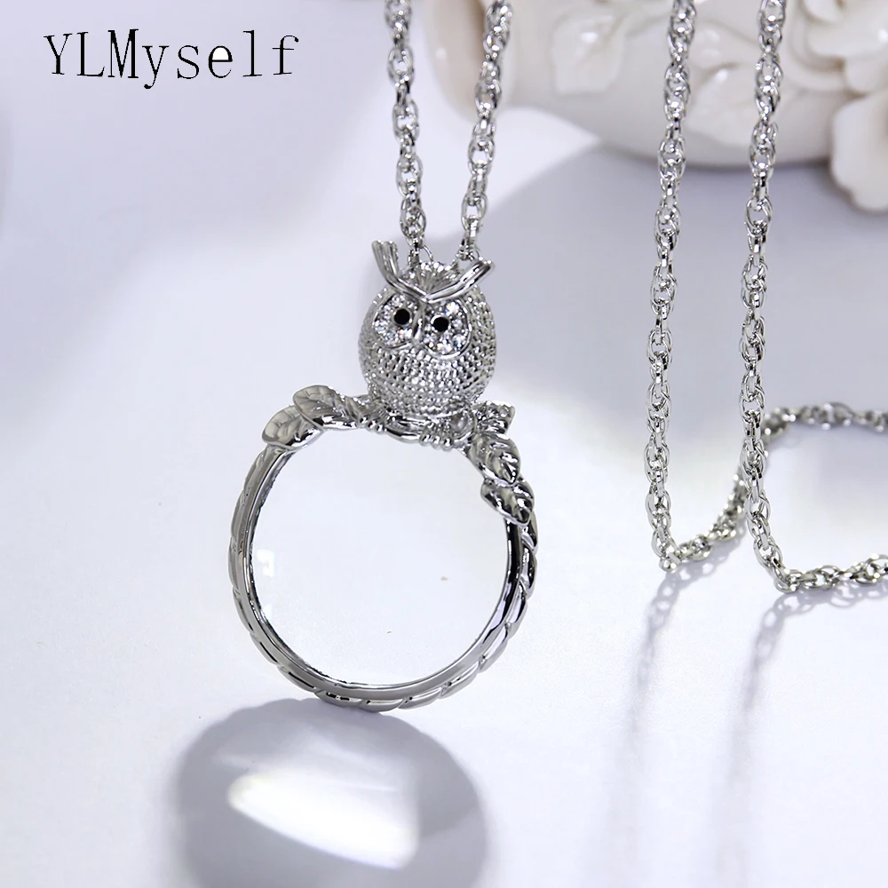 Owl design Magnifying glass necklace with long chain White and Gold color Magnify glasses for reading Animal Pendant