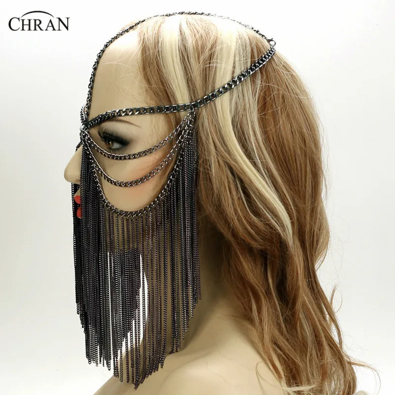 Chran New Sexy Women Multi Layer Tassel Face Chain Mask Headdress Jewelry Headband Chainmail Face Cover Body Jewelry CRB4140