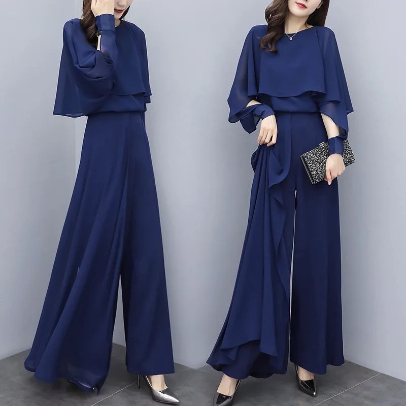 Spring Summer Elegant Two Piece Set Women Chiffon Batwing Sleeve Shirt+High Waist Wide Leg Pants Sets Lady Trouser Suits W1009