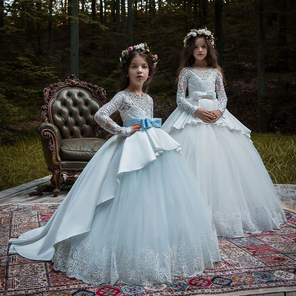 New Hot Girls First Communion Dresses Long Sleeves Ball Gown Lace Appliques Tulle Flower Girl Dresses for Weddings with Sash