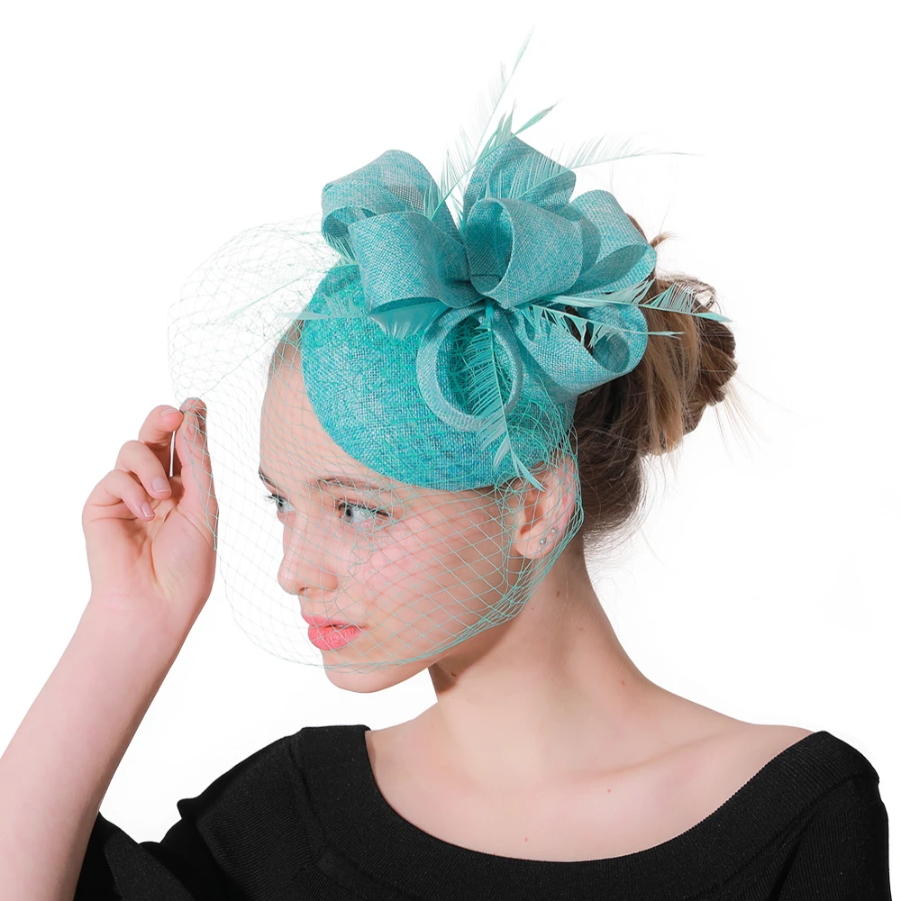 Frauen Fascinator Hut Nachahmung Sinamay Feder Tee Party Pillbox Blume Derby Milli nery Kirche Cocktail Kopf bedeckung neues Design – Detail 3