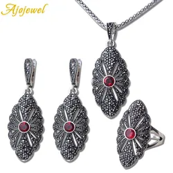 Ajojewel Vintage Carved Red Zircon Beautiful Geometric Pendant Earring Necklace Rings For Women Full Of Rhinestone Jewelry Set