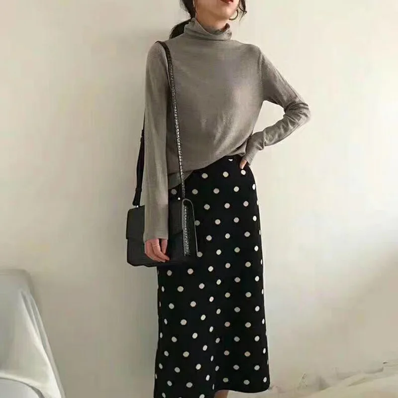 2024 Autumn Women Skirts High Waist Knitting Women Bodycon Long Skirt Faldas Jupe Femme Saia Dots Print Women Sexy Pencil Skirt