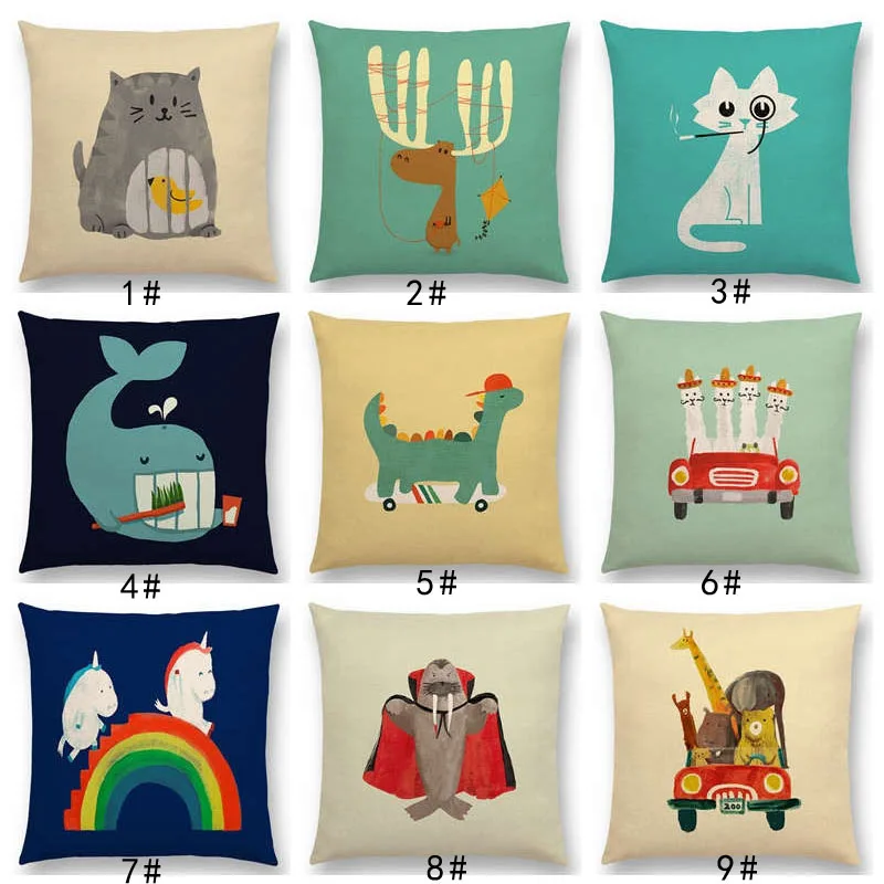 Latest Cartoon Animals Cushion Cover Cat Moose Elephant Unicorn Whale Colorful  Pillow Case