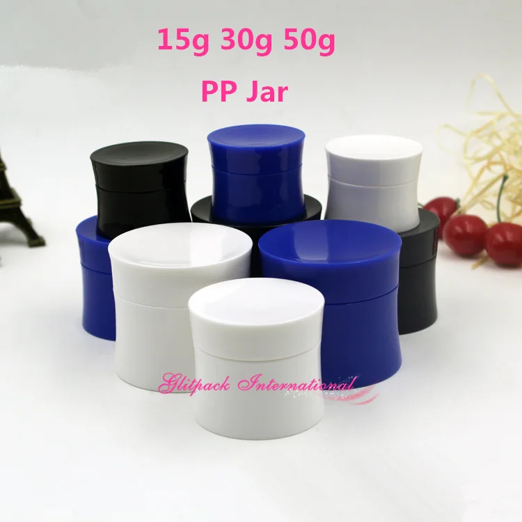 

30pcs/lot 15g 30g 50g jar can eco friendly cosmetic packaging suppliers PP Jars Black/White/Blue slim waist packaging jars