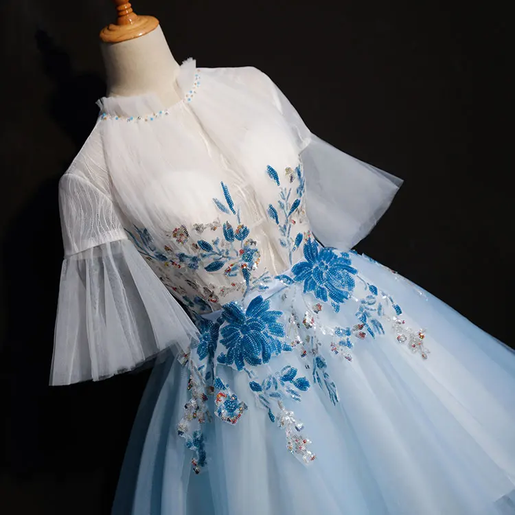 

free ship short light blue flower embroidery flare sleeve tutu lolita alice cosplay short ball gown medieval dress