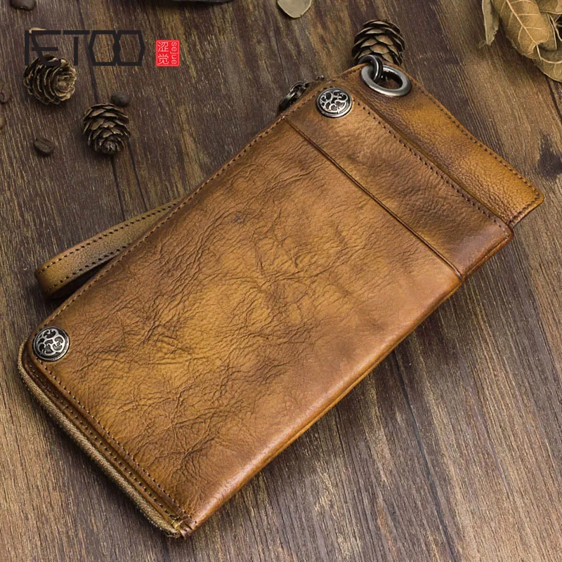 

Genuine Cow Leather Long Men's Card Wallet Wristlets Vintage Designer Purse Female Wallet Leather Male Unisex Large Clutch Bag