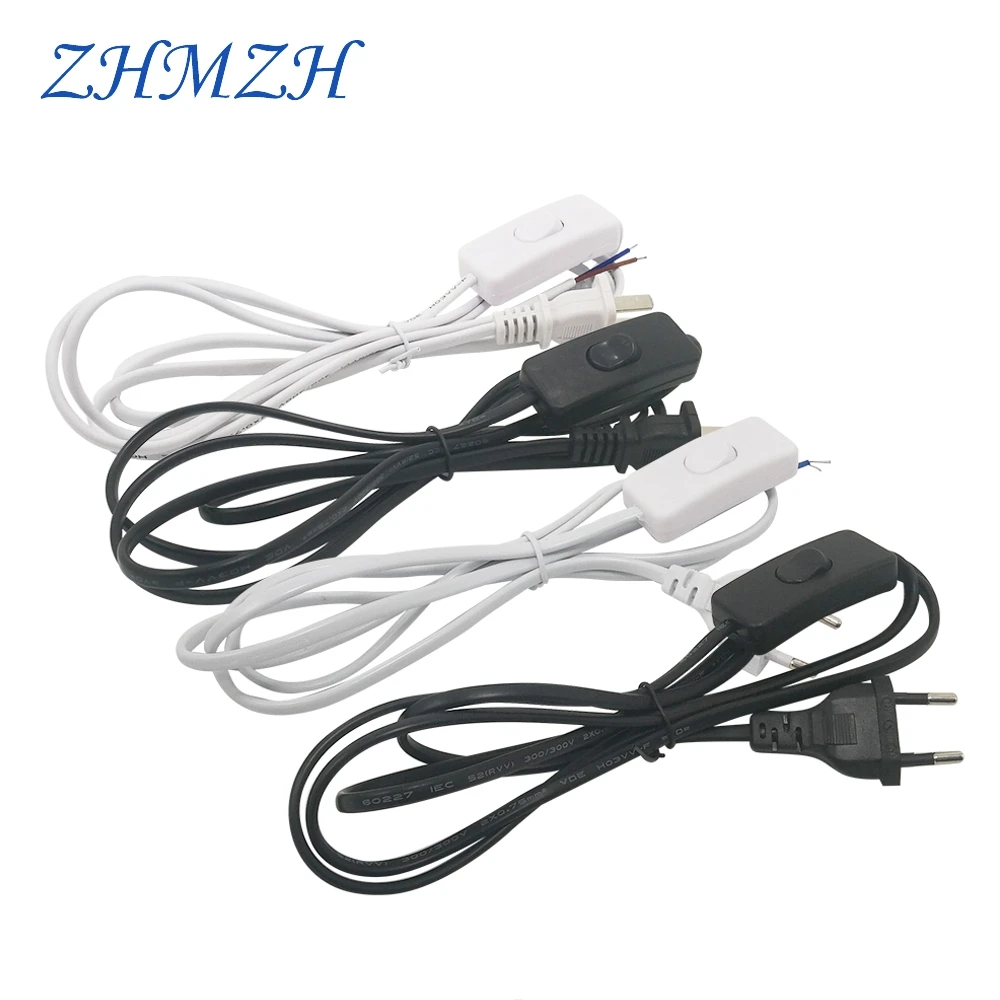 AC Power Cord 1.8m on-off Switch Plug Wire Two-pin EU Plug Cable Extension Cords US Type Adapter Black White Line For LED lamp