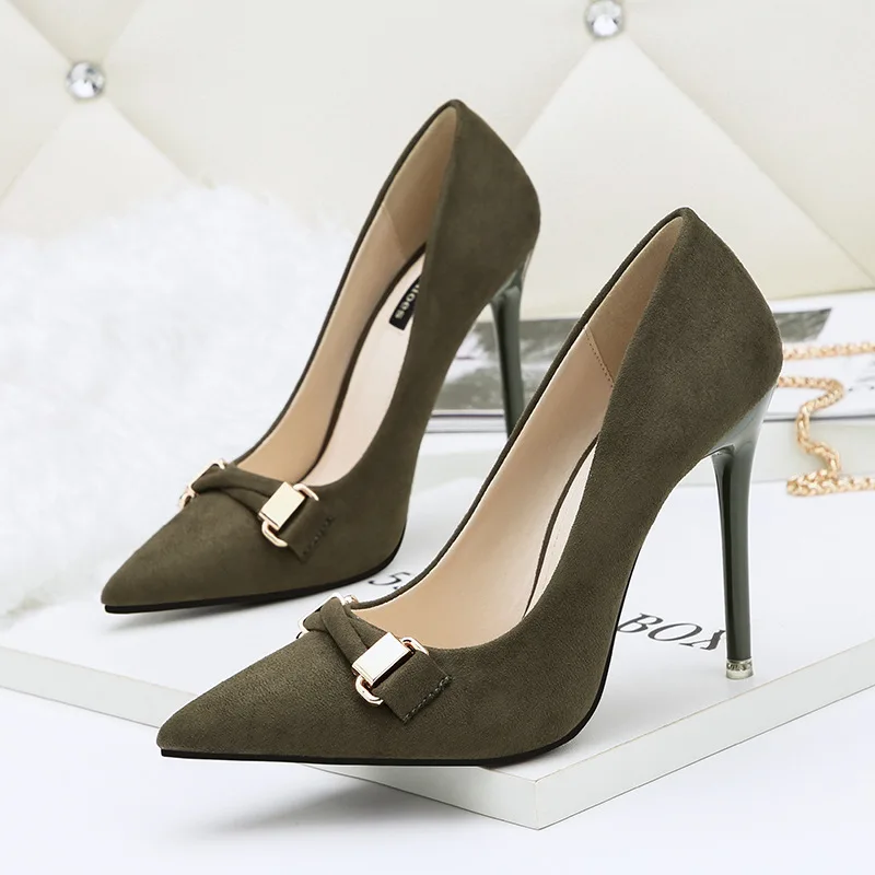 Women Pumps Flock Pointed Toe Fashion Spring Suede 10.5CM Thin heel Fashion Dress Office Shoes