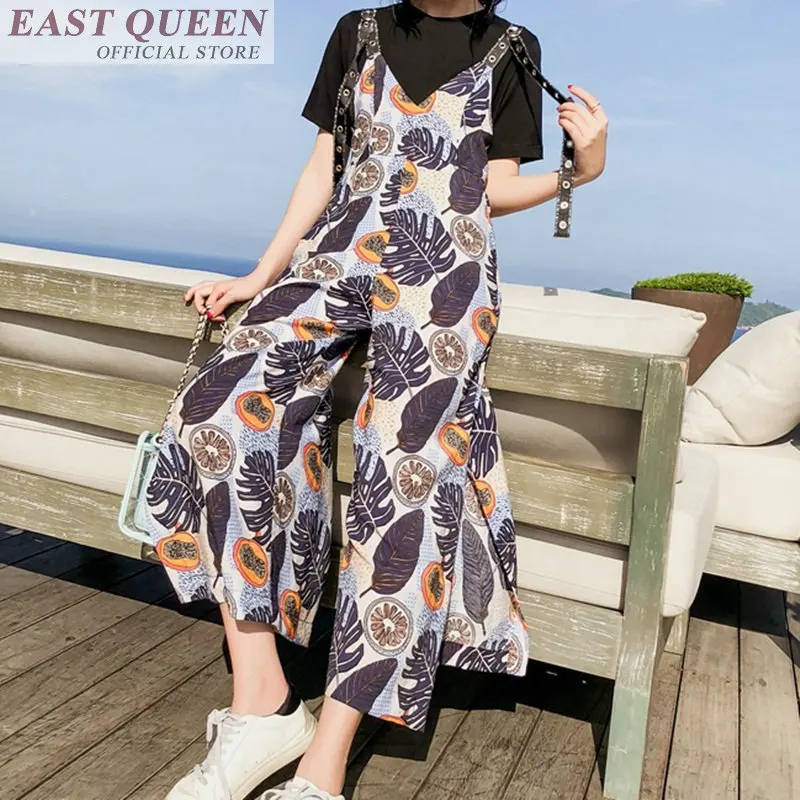 Wanita Jumpsuit Rompers Bunga Cetak Kasual Musim Panas Pantai Celana Kodok Langsung Ankle-Length Celana Kantong Wanita Baju Monyet DD851 L