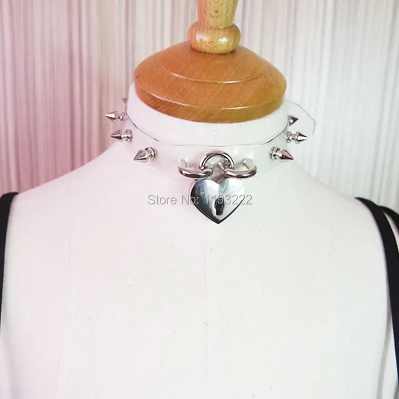 Handcrafted Safe Heart Choker Lock Key Lockable Clear PVC Vinyl Spikes Spiked Collar Adjustable Choker Necklace