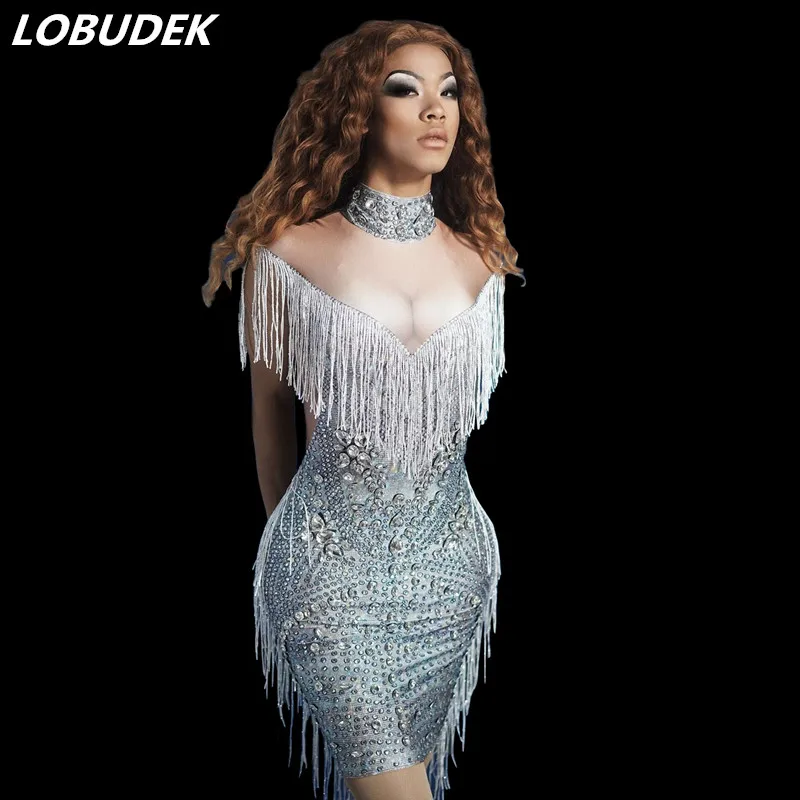

Sexy Women Silver Rhinestones Tassels Short Dress Birthday Evening Performance Stage Tight Dress Prom Stage Performance Costume