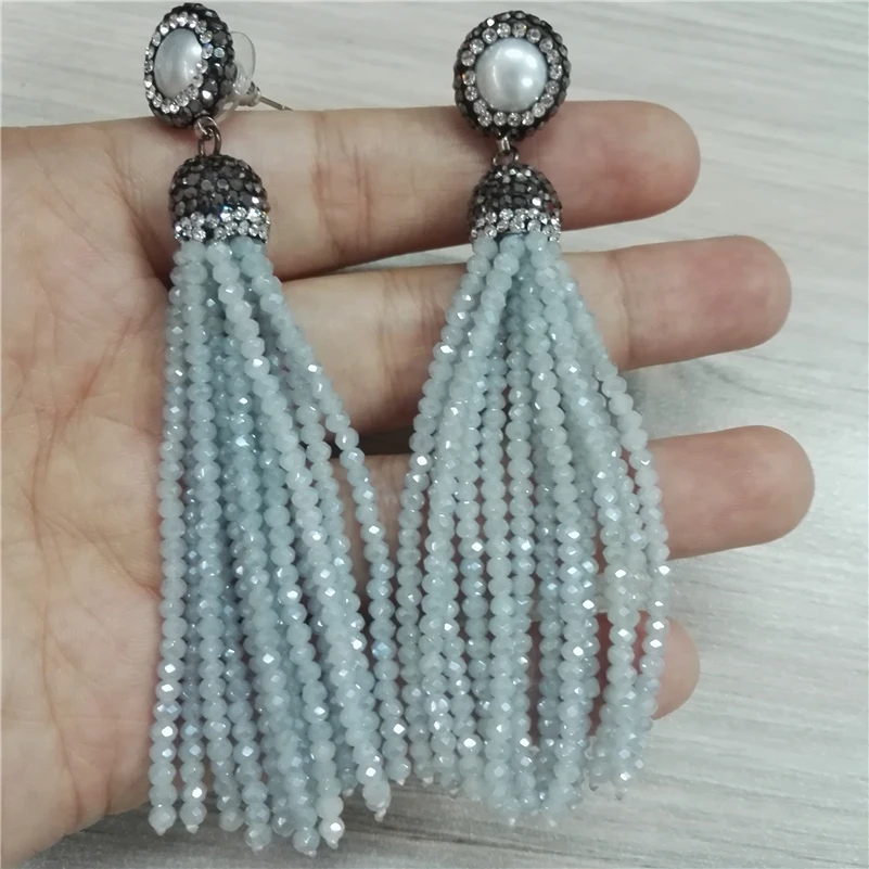 Charms Jewelry Grey Blue White Brown Glass Beads Tassel Natural Pearl Stud 12rows Tassel Long Drop Dangle Earrings For Women